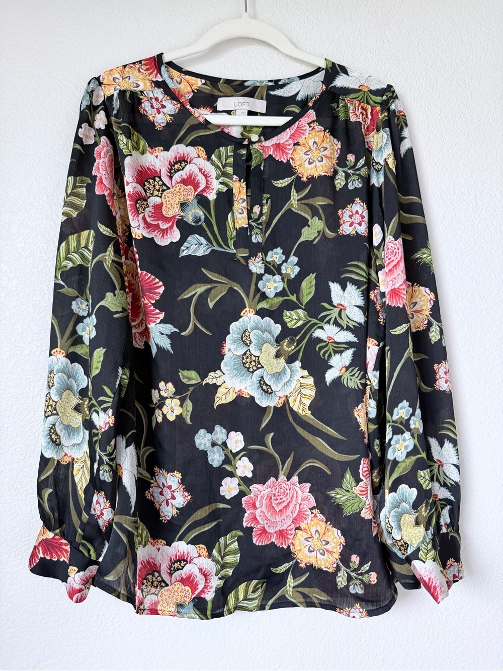 LOFT Floral Semi Sheer Peasant Blouse Black Pink Blue Size Large